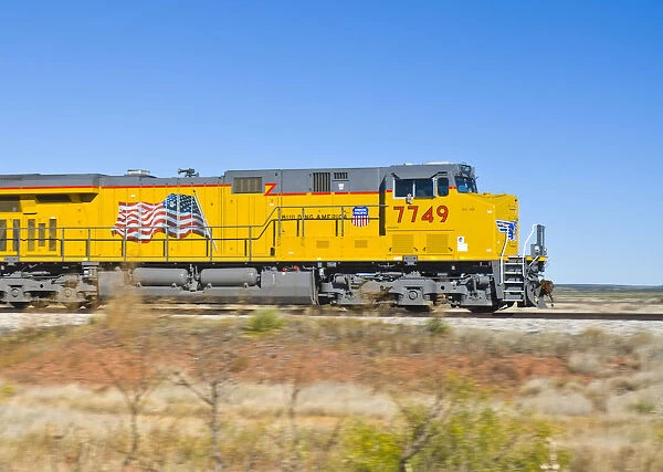 USA, New Mexico, Route 66, near Newkirk, Union Pacific locomotive