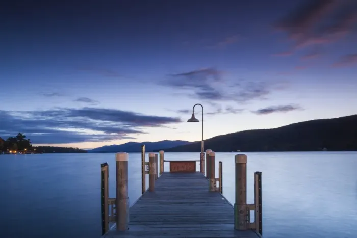 Framed Print : USA, New York, Adirondack Mountains, Lake George, boat pier, dawn Framed Print : USA, New York, Adirondack Mountains, Lake George, boat pier, dawn