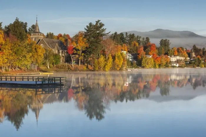 Framed Print : USA, New York, Adirondack Mountains, Lake Placid, Mirror Lake fog at dawn