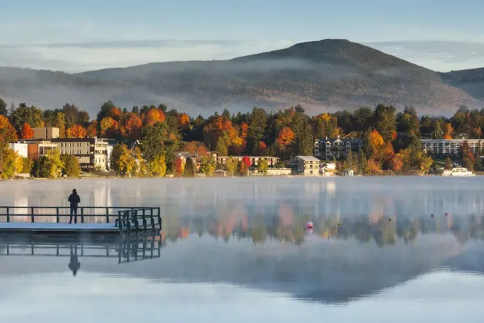 Framed Print : USA, New York, Adirondack Mountains, Lake Placid, Mirror Lake fog at dawn Framed Print : USA, New York, Adirondack Mountains, Lake Placid, Mirror Lake fog at dawn