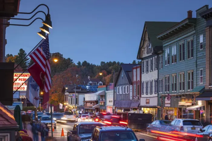 Framed Print : USA, New York, Adirondack Mountains, Lake Placid, Main Street, dusk Framed Print : USA, New York, Adirondack Mountains, Lake Placid, Main Street, dusk