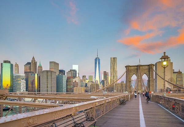 USA, New York, Brooklyn Bridge and Lower Manhattan Skyline with Freedom Tower