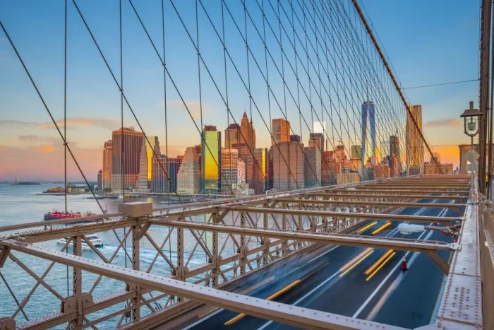 Framed Print : USA, New York, Brooklyn Bridge and Lower Manhattan Skyline with Freedom Tower