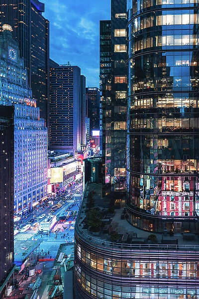 USA, New York City, elevated view of Times Square with its buildings illuminated