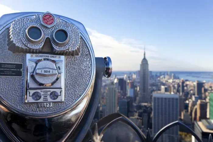 Framed Print : USA, New York City, Manhattan, Coin operated Binoculars and the Empire State Building viewed from the top of Framed Print : USA, New York City, Manhattan, Coin operated Binoculars and the Empire State Building viewed from the top of