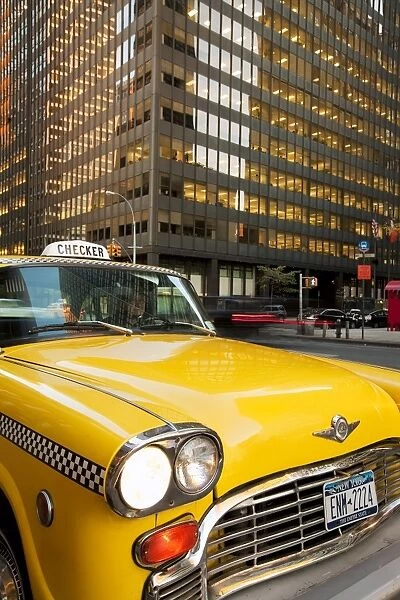 USA, New York City, Manhattan, Downtown Financial District, Yellow NYC Checker Taxi