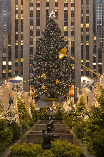 USA, New York City, Manhattan Rockefeller Plaza Christmas Decorations and Tree