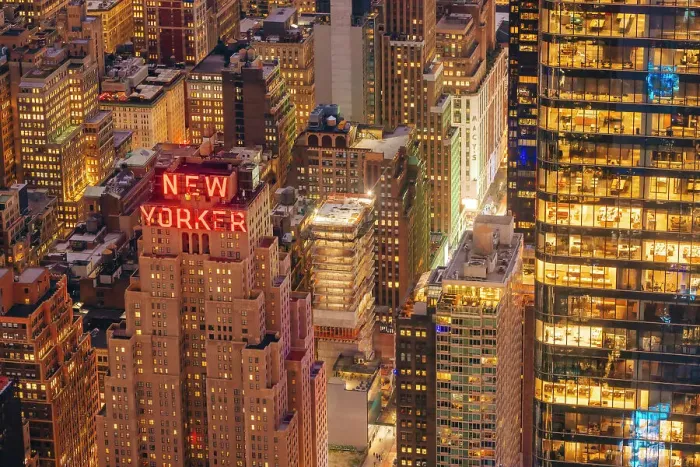 Framed Print : USA, New York City, skyline with the New Yorker red sign from above Framed Print : USA, New York City, skyline with the New Yorker red sign from above
