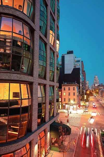 USA, New York City, view of the High Line between Chelsea and Hudson Yards with typical residential buildings