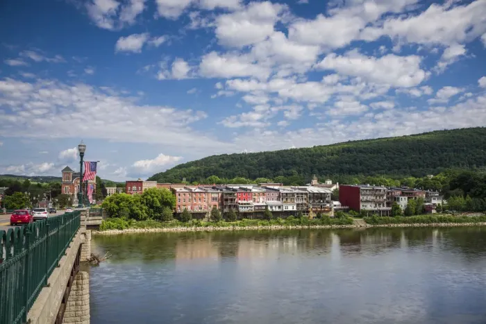 Framed Print : USA, New York, Finger Lakes Region, Owego, town view along Susquehana River Framed Print : USA, New York, Finger Lakes Region, Owego, town view along Susquehana River
