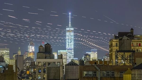 USA, New York, Freedom Tower over rooftops and water tanks