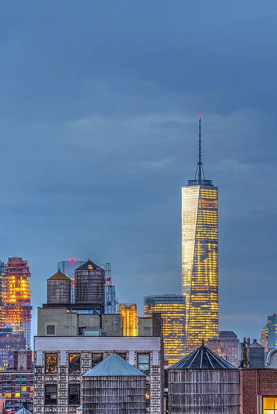 USA, New York, Freedom Tower over rooftops and water tanks