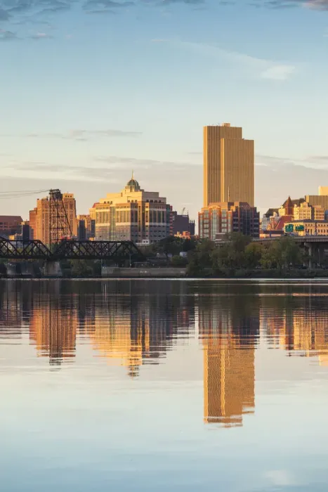 Framed Print : USA, New York, Hudson Valley, Albany, skyline from the Hudson River, morning Framed Print : USA, New York, Hudson Valley, Albany, skyline from the Hudson River, morning