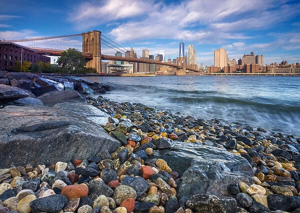 USA, New York, Manhattan and Brooklyn Bridge across East River, from Dumbo, Brooklyn