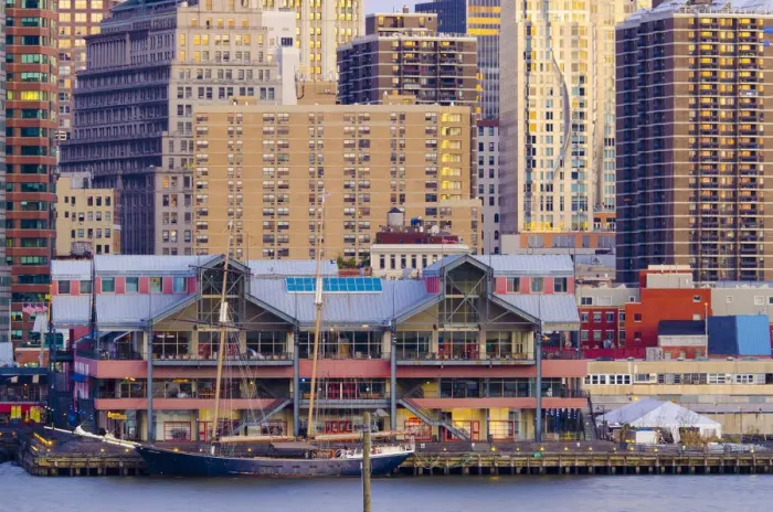 Framed Print : USA, New York, Manhattan, Lower Manhattan across East River, South Street Seaport
