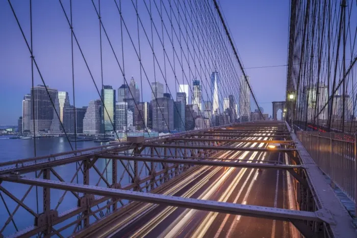 Framed Print : USA, New York, New York City, Brooklyn-Dumbo, Brooklyn Bridge traffic, dawn Framed Print : USA, New York, New York City, Brooklyn-Dumbo, Brooklyn Bridge traffic, dawn