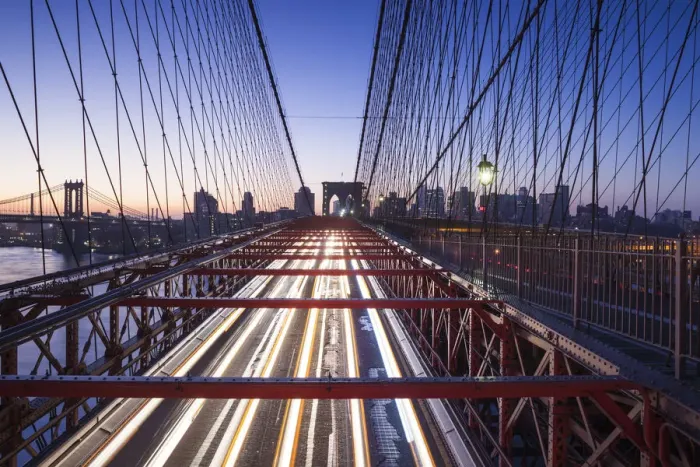 Framed Print : USA, New York, New York City, Brooklyn-Dumbo, Brooklyn Bridge traffic, dawn Framed Print : USA, New York, New York City, Brooklyn-Dumbo, Brooklyn Bridge traffic, dawn