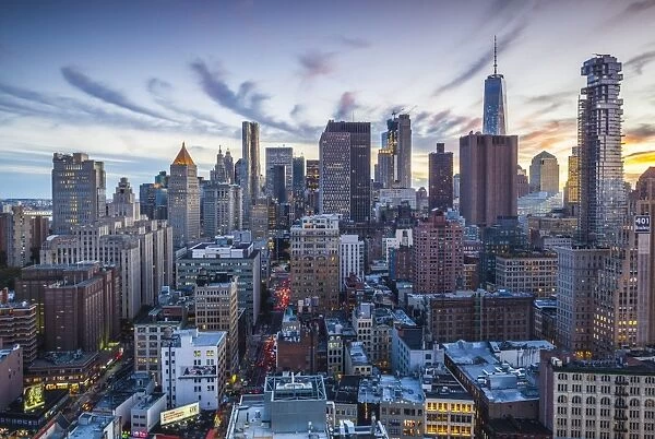 USA, New York, New York City, Lower Manhattan, elevated view, dusk