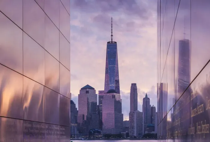 Framed Print : USA, New York, New York City, Lower Manhattan and Freedom Tower from 9-11 Memorial, dawn Framed Print : USA, New York, New York City, Lower Manhattan and Freedom Tower from 9-11 Memorial, dawn