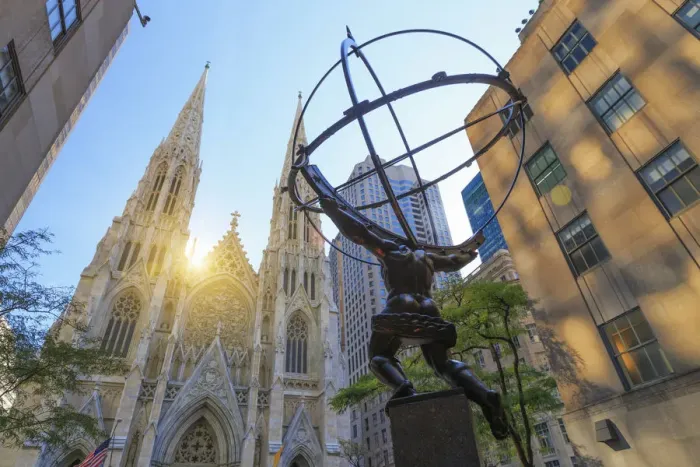 Framed Print : USA, New York, New York City, Manhattan, Rockefeller Center, Atlas Statue and St Patricks Framed Print : USA, New York, New York City, Manhattan, Rockefeller Center, Atlas Statue and St Patricks