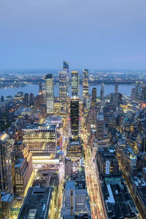 Framed Print : USA, New York, NYC; Elevated View of Hudson Yards, PENN 1 & Hudson River with New Jersey; illuminated buildings: One Penn Plaza
