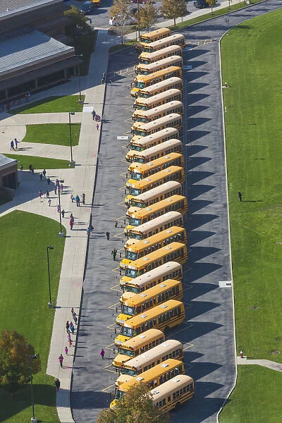 USA, New York, Western New York, Buffalo, elevated view of schoolbusses