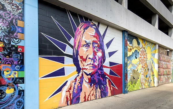 USA, North Dakota, Bismarck, Capital City, Art Alley, Native American Portrait, Mural
