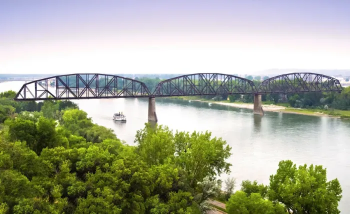 Framed Print : USA, North Dakota, Bismarck, Mandan, Bismarck-Manda Rail Bridge, Missouri River