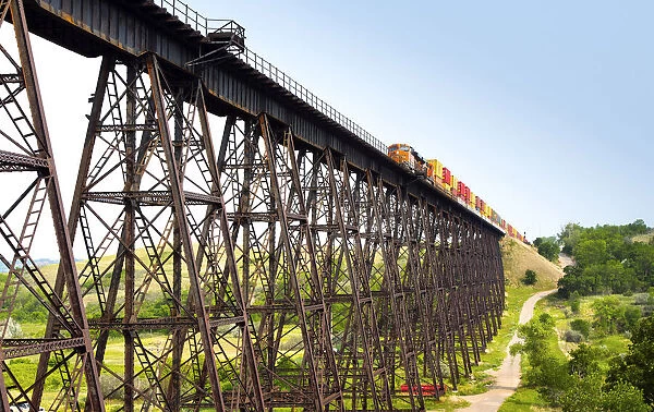USA, North Dakota, Minot, High Line Railroad Bridge, Hi-Line, Freight Train