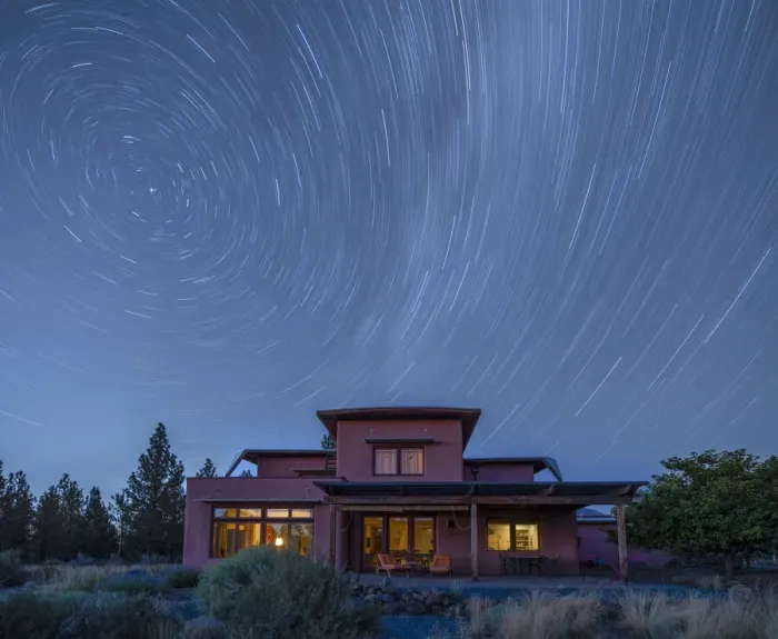 Framed Print : USA, Oregon, Central, Bend, Rancho las Hierbas, private home with star trails Framed Print : USA, Oregon, Central, Bend, Rancho las Hierbas, private home with star trails