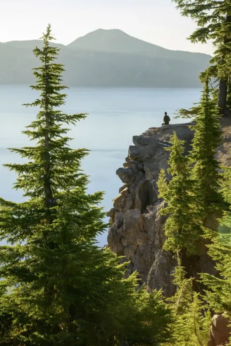 Framed Print : USA, Oregon, Crater Lake National Park, person watching sunrise Framed Print : USA, Oregon, Crater Lake National Park, person watching sunrise