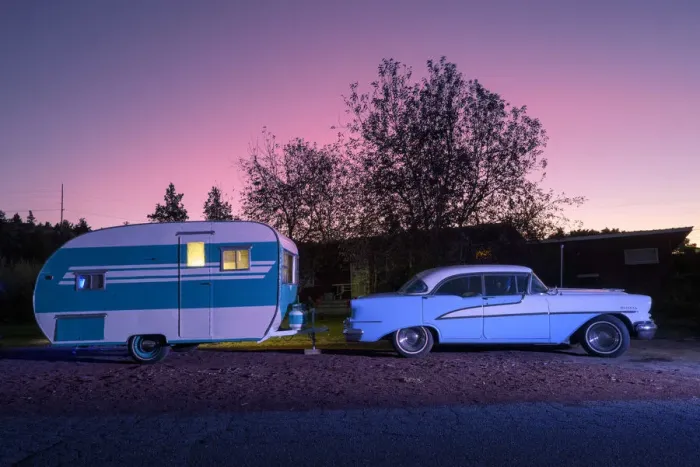 Framed Print : USA, Oregon, Redmond, classic car and trailer at dusk Framed Print : USA, Oregon, Redmond, classic car and trailer at dusk
