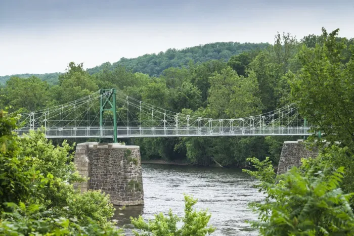 Framed Print : USA, Pennsylvania, Bucks County, New Hope, Delaware River pedestrian bridge Framed Print : USA, Pennsylvania, Bucks County, New Hope, Delaware River pedestrian bridge