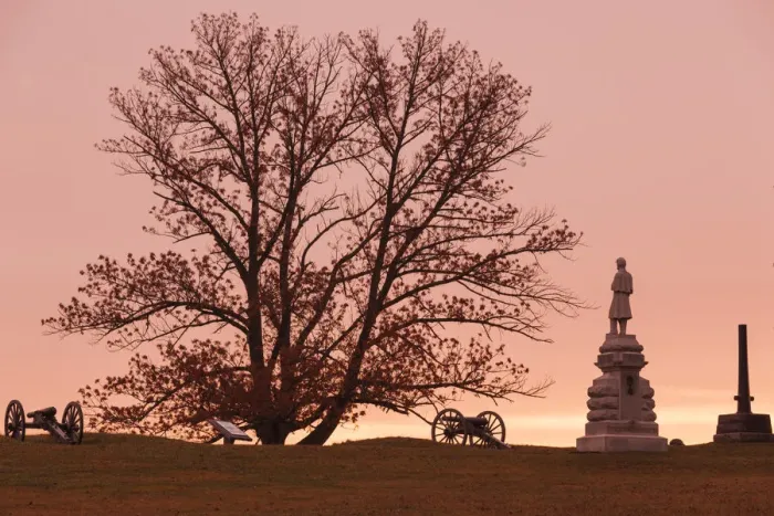 Framed Print : USA, Pennsylvania, Gettysburg, Battle of Gettysburg, tree and battlefield monument, dawn Framed Print : USA, Pennsylvania, Gettysburg, Battle of Gettysburg, tree and battlefield monument, dawn