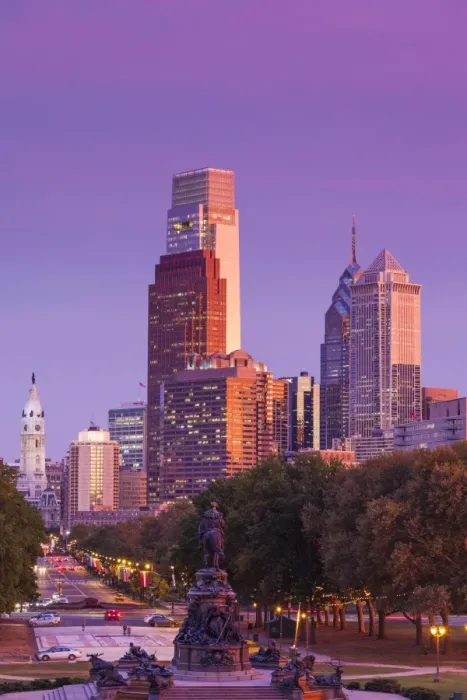 Framed Print : USA, Pennsylvania, Philadelphia, city skyline from the Benjamin Franklin Parkway, dusk Framed Print : USA, Pennsylvania, Philadelphia, city skyline from the Benjamin Franklin Parkway, dusk
