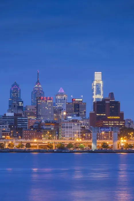 Framed Print : USA, Pennsylvania, Philadelphia, city skyline from Camden New Jersey, dawn Framed Print : USA, Pennsylvania, Philadelphia, city skyline from Camden New Jersey, dawn
