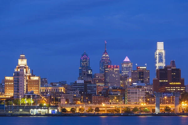 USA, Pennsylvania, Philadelphia, city skyline from Camden New Jersey, dawn
