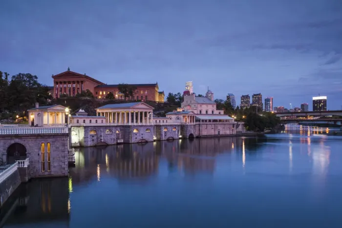 Framed Print : USA, Pennsylvania, Philadelphia, Fairmont Waterworks and city skyline, dusk