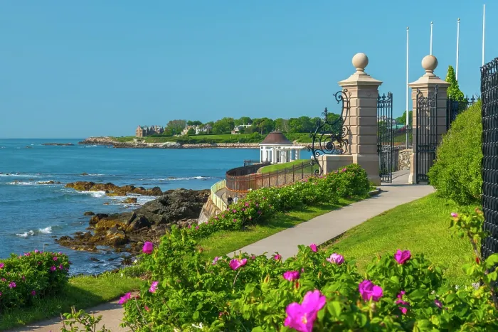 Framed Print : USA, Rhode Island, Newport, Easton Bay, , Bellevue Avenue Historic District, Cliff Walk