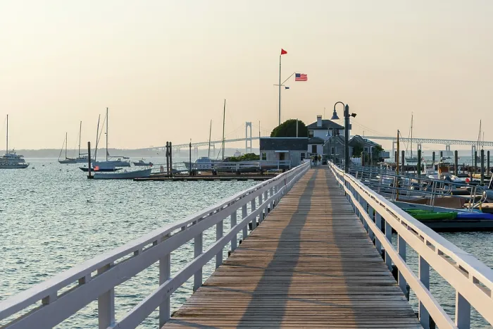 Framed Print : USA, Rhode Island, Newport, Lime Rock Island and Ida Lewis Yacht Club jetty, Claiborne Pell Bridge or Newport Bridge in background Framed Print : USA, Rhode Island, Newport, Lime Rock Island and Ida Lewis Yacht Club jetty, Claiborne Pell Bridge or Newport Bridge in background