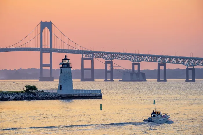 Framed Print : USA, Rhode Island, Newport, Narragansett Bay, Claiborne Pell Bridge or Newport Bridge, Goat Island Lighthouse Framed Print : USA, Rhode Island, Newport, Narragansett Bay, Claiborne Pell Bridge or Newport Bridge, Goat Island Lighthouse