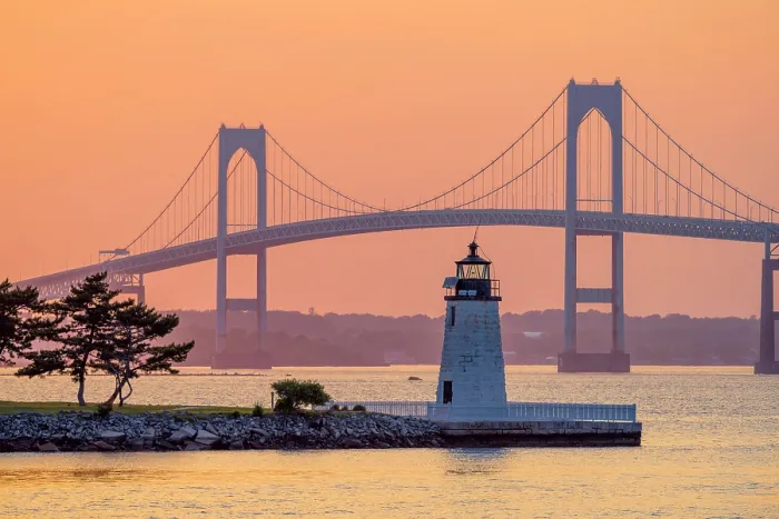 Framed Print : USA, Rhode Island, Newport, Narragansett Bay, Claiborne Pell Bridge or Newport Bridge, Goat Island Lighthouse Framed Print : USA, Rhode Island, Newport, Narragansett Bay, Claiborne Pell Bridge or Newport Bridge, Goat Island Lighthouse