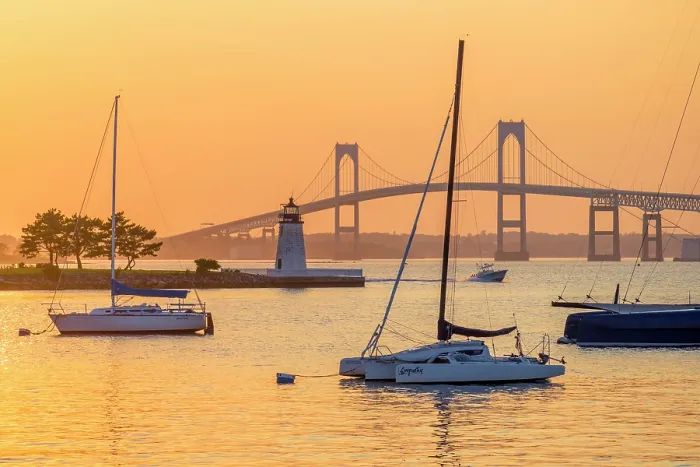 Framed Print : USA, Rhode Island, Newport, Narragansett Bay, Claiborne Pell Bridge or Newport Bridge, Goat Island Lighthouse