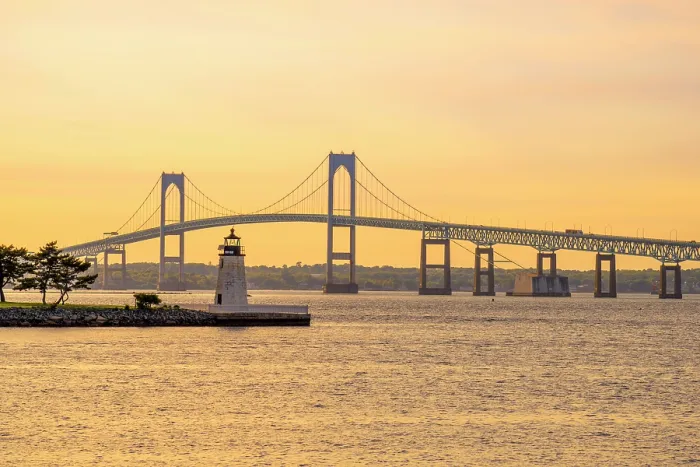 Framed Print : USA, Rhode Island, Newport, Narragansett Bay, Claiborne Pell Bridge or Newport Bridge, Goat Island Lighthouse Framed Print : USA, Rhode Island, Newport, Narragansett Bay, Claiborne Pell Bridge or Newport Bridge, Goat Island Lighthouse
