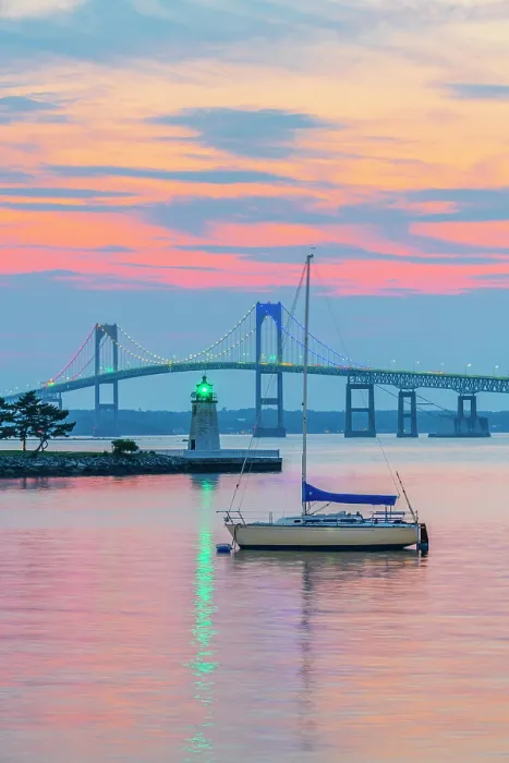 Framed Print : USA, Rhode Island, Newport, Narragansett Bay, Claiborne Pell Bridge or Newport Bridge, Goat Island Lighthouse Framed Print : USA, Rhode Island, Newport, Narragansett Bay, Claiborne Pell Bridge or Newport Bridge, Goat Island Lighthouse