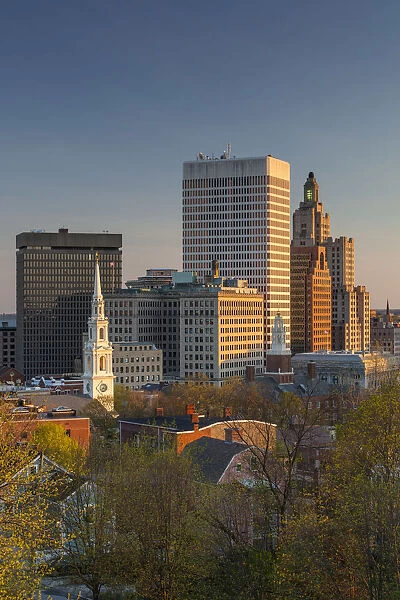 USA, Rhode Island, Providence, city skyline from Prospect Terrace Park, sunset