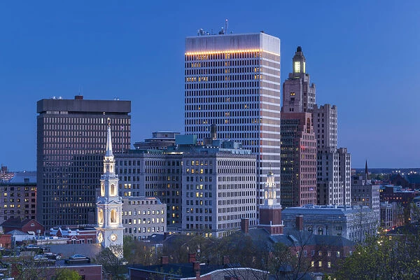 USA, Rhode Island, Providence, city skyline from Prospect Terrace Park, dusk