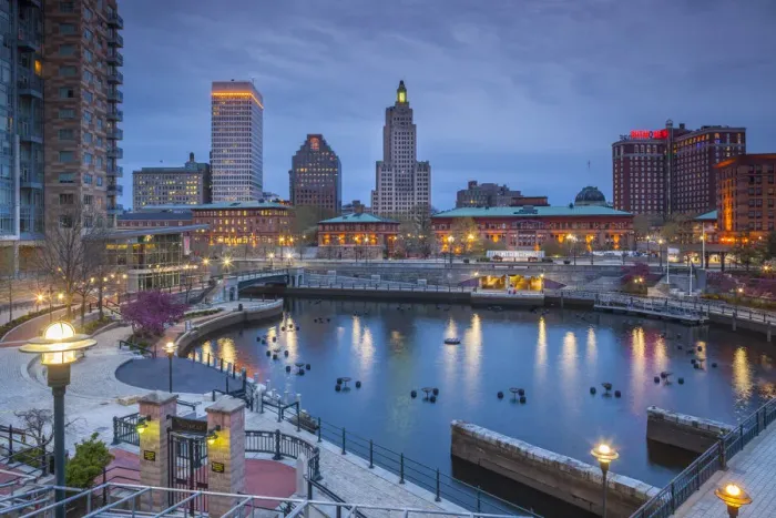 Framed Print : USA, Rhode Island, Providence, city skylline from Waterplace Park, dusk Framed Print : USA, Rhode Island, Providence, city skylline from Waterplace Park, dusk