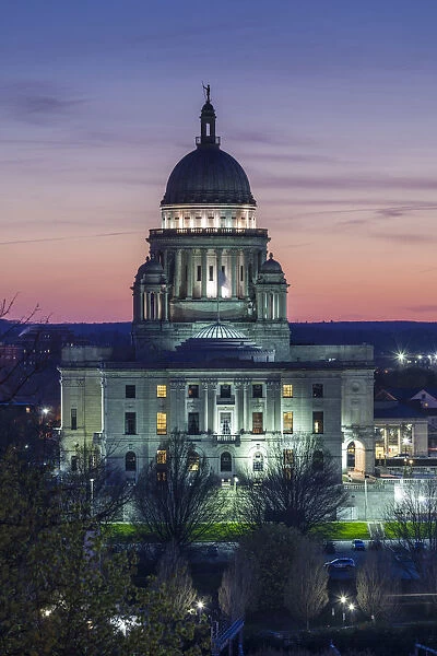 USA, Rhode Island, Providence, Rhode Island State House, exterior, elevated view, dusk