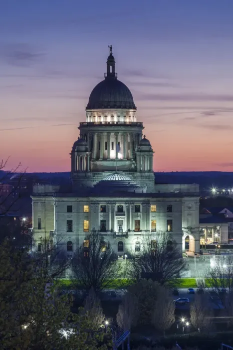 Framed Print : USA, Rhode Island, Providence, Rhode Island State House, exterior, elevated view, dusk